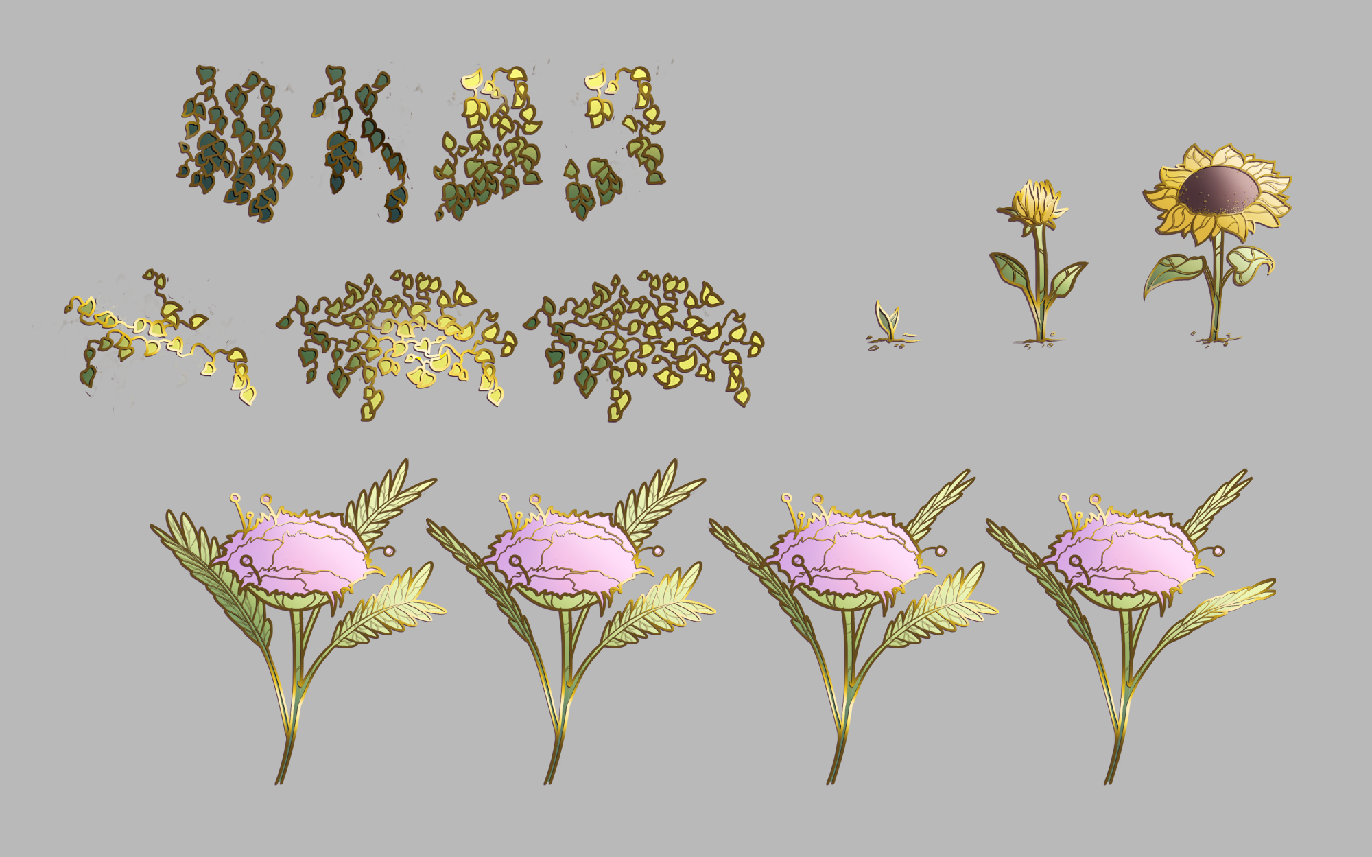 Ivy, humble plant, and sunflower tiles and keyframes