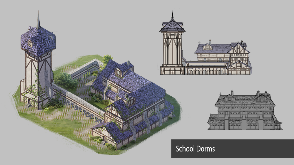 Isometric view of Tudor-style school dormitories