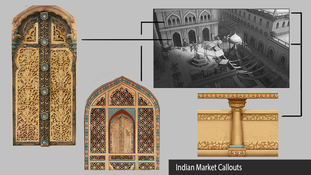 Colored callouts of a door, window, and part of a railing, also of Indian-style architecture