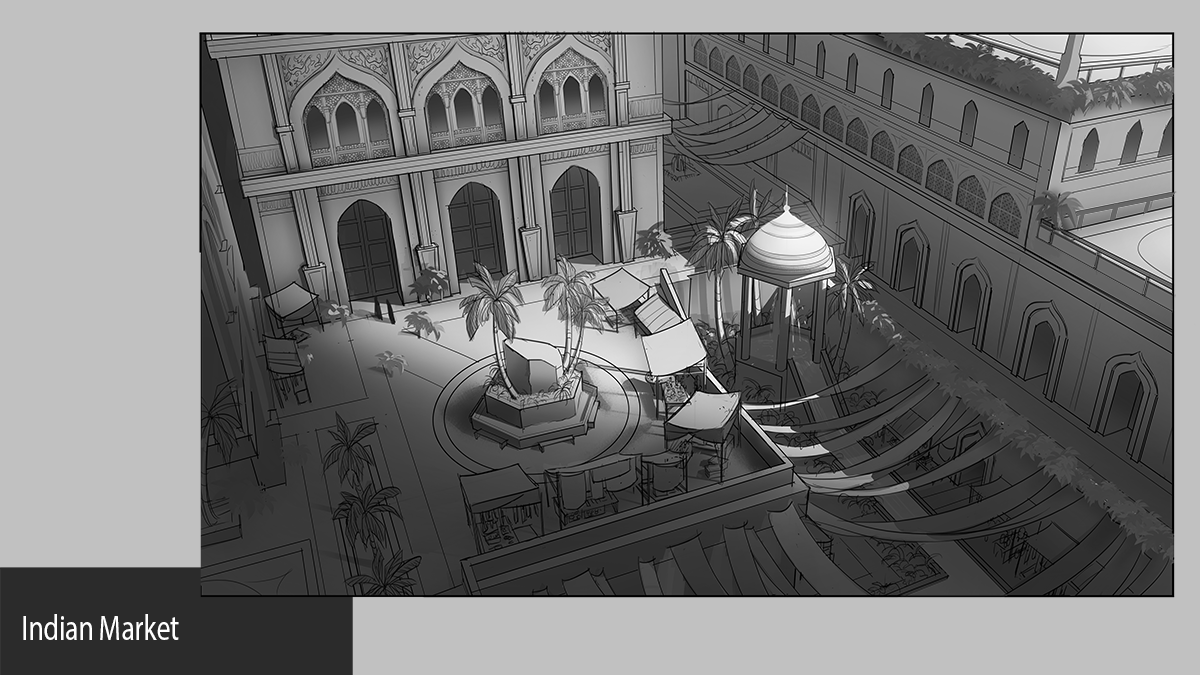 Aerial view of a market, the surrounding buildings of Indian-style architecture