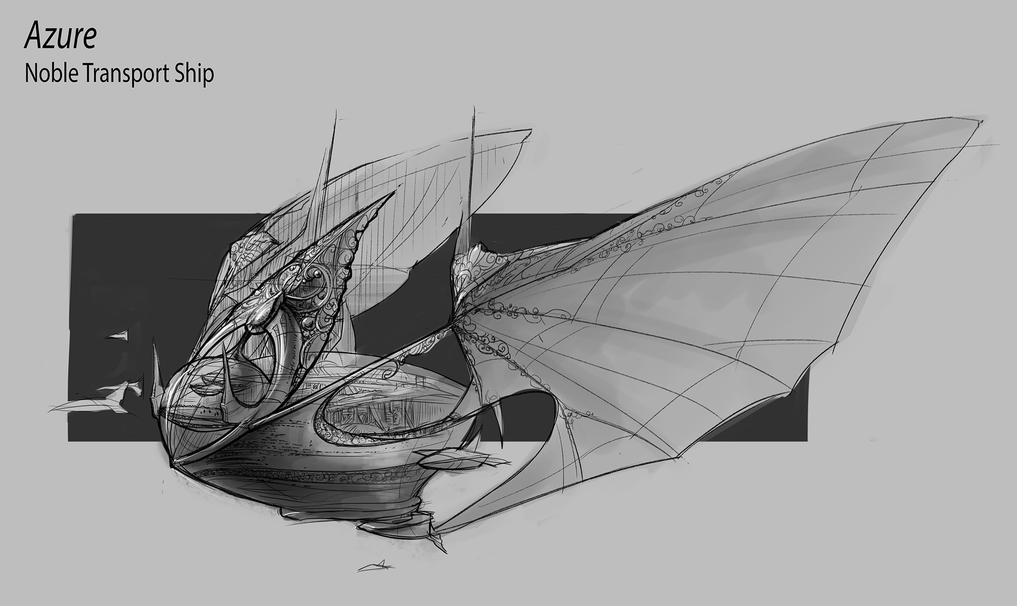 Black and white sketch of ornate spaceship. Filigree details line the body of the ship and the wings