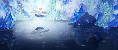 Painting of room full of crystals. The crystals cover the walls, and the floor is glassy. In the center of the room is a floating pedelstal holding a glowing orb