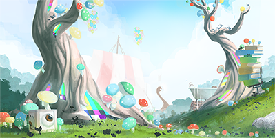 A painting of a surreal landscape at night. Three moons, one blue, one green, and one red, shine. Winding trees with TVs inside them glow, and colorful mushrooms grow on the bark and the grassy ground surrounding them. In the distant background is a Viking ship with ballons tied to the mast