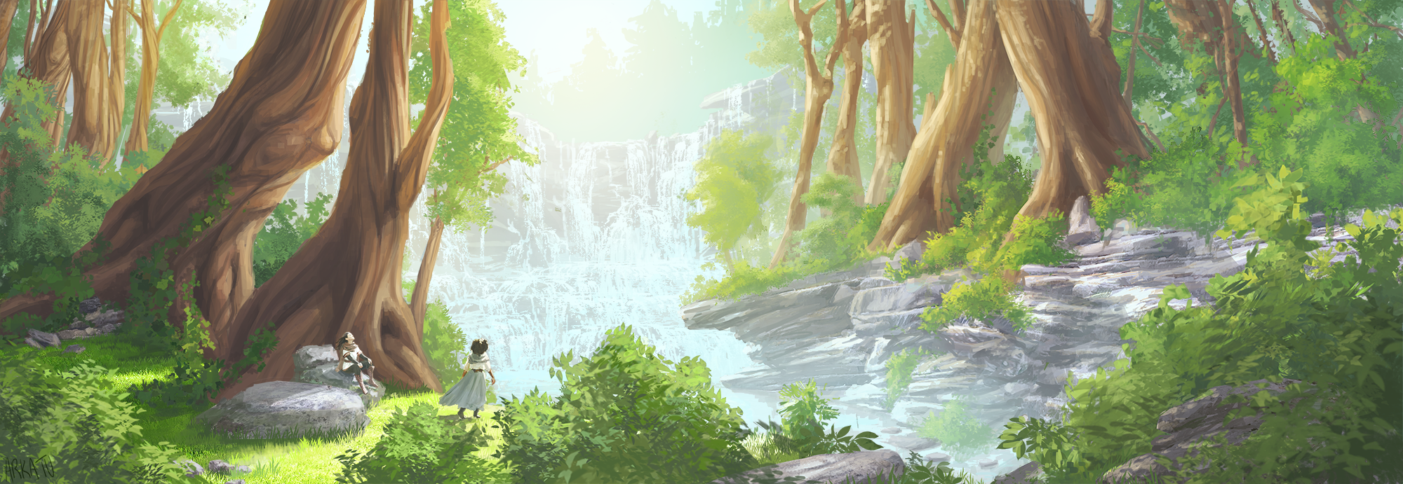 A painting of a lush forest during midday. Two explorers have followed a stream to a waterfall, and trees and bushes sprawl along the rocks along the stream's bank