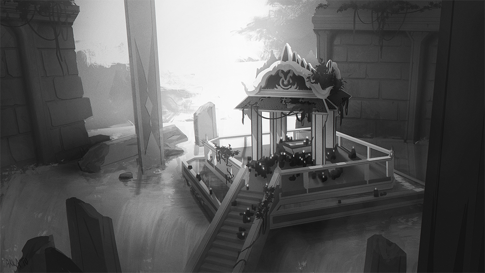Digital black and white painting of the inside of a ruined temple