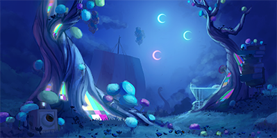 A painting of a surreal landscape during the day. Winding trees with TVs inside them glow, and colorful mushrooms grow on the bark and the grassy ground surrounding them. In the distant background is a Viking ship with ballons tied to the mast
