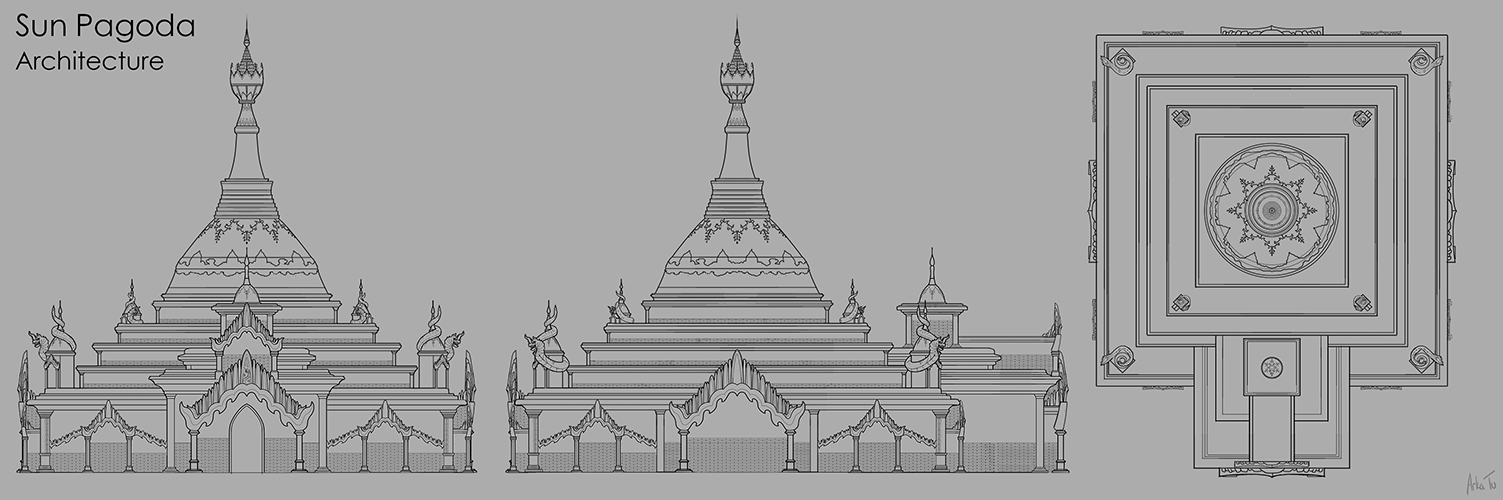 Turnarounds of pagoda, including front, side, and top