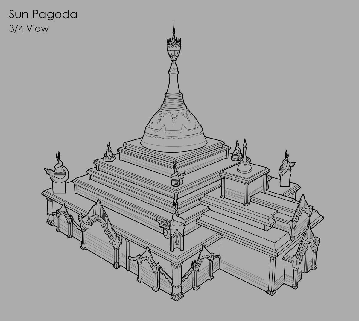 Three-quarter view of pagoda