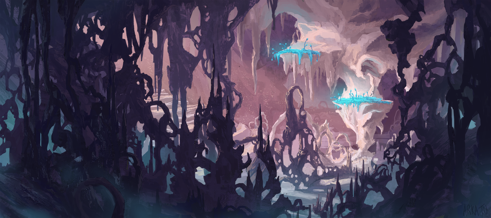 A painting of a cave covered with stalagtites and stalagmites. Glowing blue moss grows on a large rock formation in the center. Light shines from the cave entrance at the top of worn steps