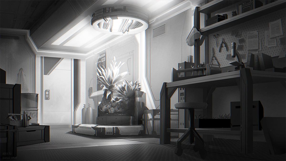 Black and white painting of sci fi lab. In the center stands a tube with large succulents. In the foreground is a messy desk with lab equipment