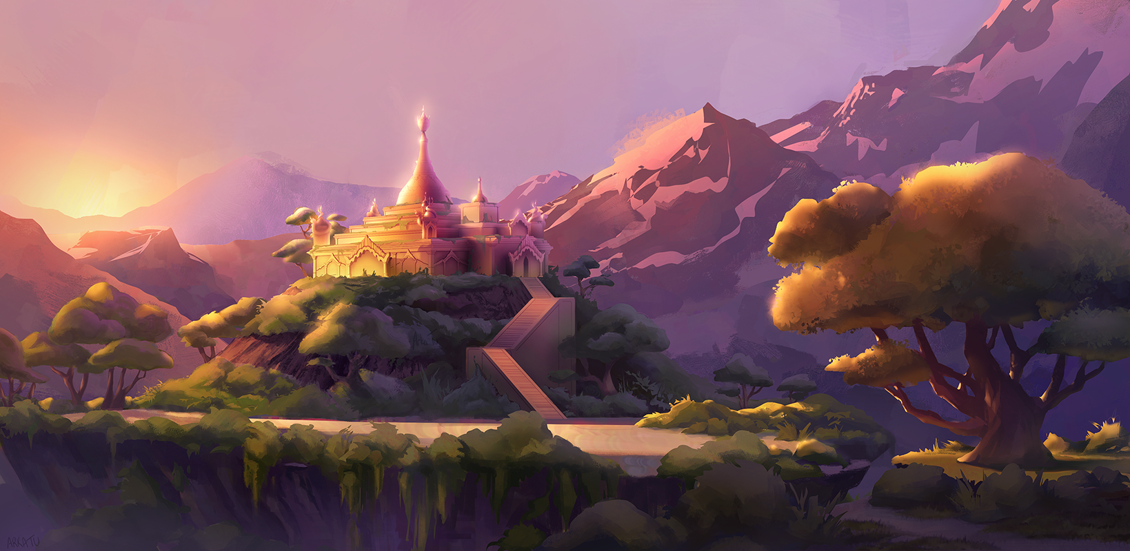 Environmental painting of Buddhist pagoda at sunset, trees and mountains surrounding the pagoda