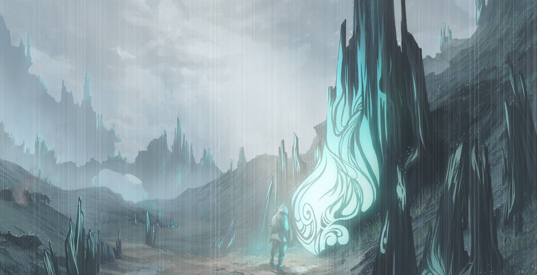 A painting of a shallow valley during a rainstorm. A weary traveler prays at a large, carved, glowing waypoint. A sliver of sunlight shines on him at the waypoint